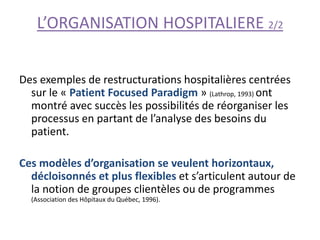 L’ORGANISATION HOSPITALIERE 2/2
Des exemples de restructurations hospitalières centrées
sur le « Patient Focused Paradigm » (Lathrop, 1993) ont
montré avec succès les possibilités de réorganiser les
processus en partant de l’analyse des besoins du
patient.
Ces modèles d’organisation se veulent horizontaux,
décloisonnés et plus flexibles et s’articulent autour de
la notion de groupes clientèles ou de programmes
(Association des Hôpitaux du Québec, 1996).
 