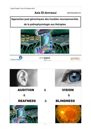 Aziz El-Amraoui (elaz@pasteur.fr)
Institut Pasteur Tunis, 20 Octobre 2016
Approches post génomiques des troubles neurosensoriels,
de la pathophysiologie aux thérapies
1
DEAFNESS & BLINDNESS
AUDITION & VISION
&&
2
 