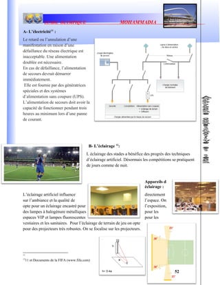 STADE OLYMPIQUE MOHAMMADIA
A- L’électricité11
:
Le retard ou l’annulation d’une
manifestation en raison d’une
défaillance du réseau électrique est
inacceptable. Une alimentation
doublée est nécessaire.
En cas de défaillance, l’alimentation
de secours devrait démarrer
immédiatement.
Elle est fournie par des génératrices
spéciales et des systèmes
d’alimentation sans coupure (UPS).
L’alimentation de secours doit avoir la
capacité de fonctionner pendant trois
heures au minimum lors d’une panne
de courant.
B- L’éclairage 12
:
L éclairage des stades a bénéfice des progrès des techniques
d’éclairage artificiel. Désormais les compétitions se pratiquent
de jours comme de nuit.
Appareils d
éclairage :
L’éclairage artificiel influence directement
sur l’ambiance et la qualité de l’espace. On
opte pour un éclairage encastré pour l’exposition,
des lampes à halogénure métalliques pour les
espaces VIP et lampes fluorescentes pour les
vestiaires et les sanitaires. Pour l’éclairage de terrain de jeu on opte
pour des projecteurs très robustes. On se focalise sur les projecteurs.
11
12
11 et Documents de la FIFA (www.fifa.com)
52
 