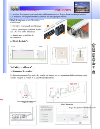 STADE OLYMPIQUE MOHAMMADIA
Le système de drains est posé dans des tranchées et recouverts de gravillons ronds et perméables.
Les pentes du terrain permettent l’écoulement des eaux par gravitations.
Détail de caniveau au bord des pistes
d’athlétisme24
:
1- Cornières en acier galvanisé traitées.
2- dalots synthétiques, robustes, stables
aux UV, avec fentes bilatérales
3- Avaloir avec possibilité de
raccordement.
6- Détails des buts 25
:
V- Critères tribunes26
:
1- Dimensions des gradins :
Le dimensionnement d’un projet des gradins est soumis aux normes et aux réglementations ayant
comme objectif le confort et la sécurité des spectateurs.
24
www.hauraton.com
25
Documents de la FIFA
26
Documents de la FIFA
58
Sièges des médias
Sièges de public
Sièges des spectateurs à mobilité réduite
0.60 - 0.80
0.75
0.80
0.20
 