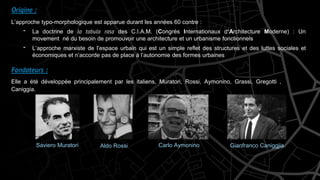 L’approche typo-morphologique est apparue durant les années 60 contre :
- La doctrine de la tabula rasa des C.I.A.M. (Congrès Internationaux d‘Architecture Moderne) : Un
movement né du besoin de promouvoir une architecture et un urbanisme fonctionnels
- L’approche marxiste de l’espace urbain qui est un simple reflet des structures et des luttes sociales et
économiques et n’accorde pas de place à l’autonomie des formes urbaines
Saviero Muratori Aldo Rossi Carlo Aymonino Gianfranco Caniggjia
Origine :
Fondateurs :
Elle a été développée principalement par les italiens, Muratori, Rossi, Aymonino, Grassi, Gregotti ,
Caniggia.
 