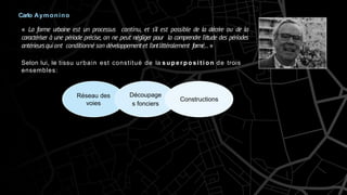 Carlo Aymonino
« La forme urbaine est un processus continu, et s’il est possible de la décrire ou de la
caractériser à une période précise, on ne peut négliger pour la comprendre l’étude des périodes
antérieursquiont conditionné son développementet l’ontlittéralement formé…»
Selon lui, le tissu urbain est constitué de la superposition de trois
ensembles:
Réseau des
voies
Découpage
s fonciers
Constructions
 