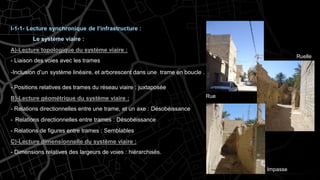 I-1-1- Lecture synchronique de l’infrastructure :
Le système viaire :
A)-Lecture topologique du système viaire :
- Liaison des voies avec les trames
-Inclusion d'un système linéaire, et arborescent dans une trame en boucle .
- Positions relatives des trames du réseau viaire : juxtaposée
B)-Lecture géométrique du système viaire :
- Relations directionnelles entre une trame, et un axe : Désobéissance
- Relations directionnelles entre trames : Désobéissance
- Relations de figures entre trames : Semblables
C)-Lecture dimensionnelle du système viaire :
- Dimensions relatives des largeurs de voies : hiérarchisés.
Rue
Ruelle
Impasse
 