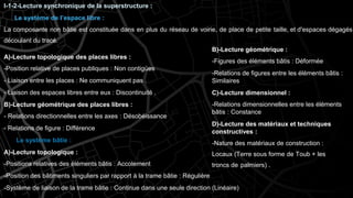 B)-Lecture géométrique :
-Figures des éléments bâtis : Déformée
-Relations de figures entre les éléments bâtis :
Similaires
C)-Lecture dimensionnel :
-Relations dimensionnelles entre les éléments
bâtis : Constance
D)-Lecture des matériaux et techniques
constructives :
-Nature des matériaux de construction :
Locaux (Terre sous forme de Toub + les
troncs de palmiers) .
I-1-2-Lecture synchronique de la superstructure :
Le système de l’espace libre :
La composante non bâtie est constituée dans en plus du réseau de voirie, de place de petite taille, et d'espaces dégagés
découlant du tracé.
A)-Lecture topologique des places libres :
-Position relative de places publiques : Non contigües
- Liaison entre les places : Ne communiquent pas .
- Liaison des espaces libres entre eux : Discontinuité .
B)-Lecture géométrique des places libres :
- Relations directionnelles entre les axes : Désobéissance
- Relations de figure : Différence
Le système bâtie :
A)-Lecture topologique :
-Positions relatives des éléments bâtis : Accolement
-Position des bâtiments singuliers par rapport à la trame bâtie : Régulière
-Système de liaison de la trame bâtie : Continue dans une seule direction (Linéaire)
 