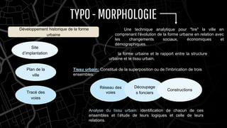 TYPO-MORPHOLOGIE
Développement historique de la forme
urbaine
Site
d’implantation
Plan de la
ville
Tracé des
voies
Une technique analytique pour "lire" la ville en
comprenant l'évolution de la forme urbaine en relation avec
les changements sociaux, économiques et
démographiques.
la forme urbaine et le rapport entre la structure
urbaine et le tissu urbain.
Tissu urbain:
Réseau des
voies
Découpage
s fonciers
Constructions
Tissu urbain: Constitué de la superposition ou de l'imbrication de trois
ensembles:
Analyse du tissu urbain: identification de chacun de ces
ensembles et l’étude de leurs logiques et celle de leurs
relations.
 