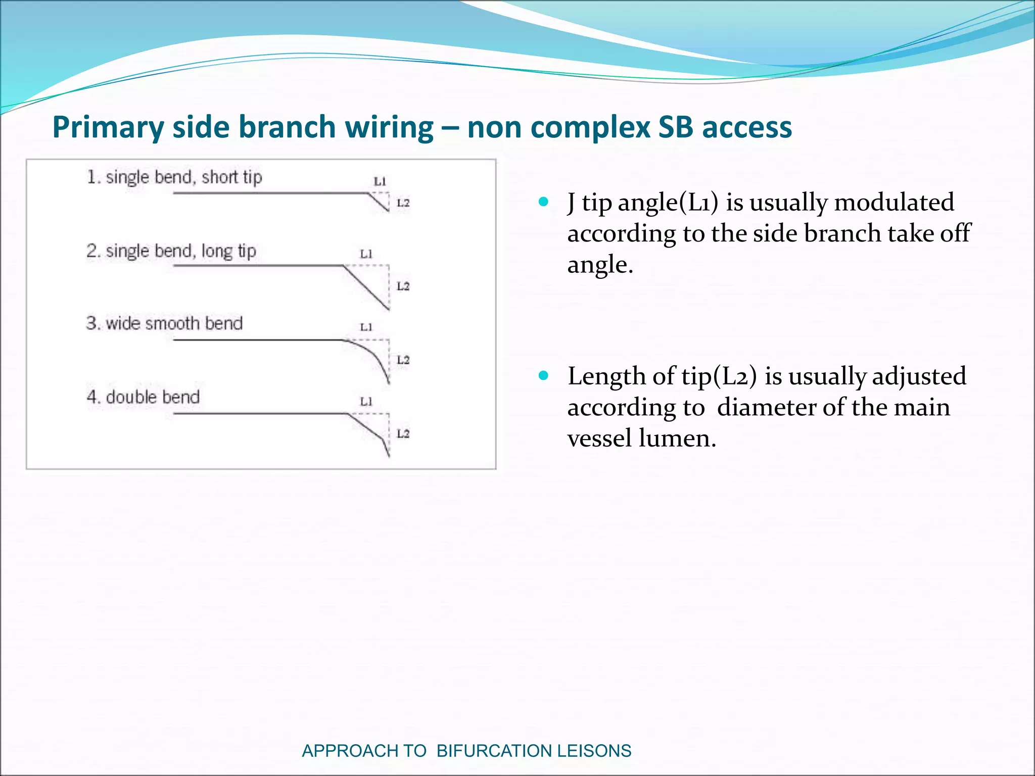 Primary side branch wiring – non complex SB access
 J tip angle(L1) is usually modulated
according to the side branch take off
angle.
 Length of tip(L2) is usually adjusted
according to diameter of the main
vessel lumen.
APPROACH TO BIFURCATION LEISONS
 