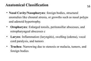 Anatomical Classification 16
• Nasal Cavity/Nasopharynx: foreign bodies, structural
anomalies like choanal atresia, or growths such as nasal polyps
and adenoid hypertrophy.
• Oropharynx: Enlarged tonsils, peritonsillar abscesses, and
retropharyngeal abscesses c
• Larynx: Inflammation (laryngitis), swelling (edema), vocal
cord paralysis, and tumors
• Trachea: Narrowing due to stenosis or malacia, tumors, and
foreign bodies
 