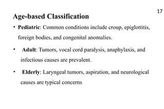 Age-based Classification
17
• Pediatric: Common conditions include croup, epiglottitis,
foreign bodies, and congenital anomalies.
• Adult: Tumors, vocal cord paralysis, anaphylaxis, and
infectious causes are prevalent.
• Elderly: Laryngeal tumors, aspiration, and neurological
causes are typical concerns.
 