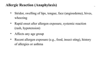 Allergic Reaction (Anaphylaxis)
• Stridor, swelling of lips, tongue, face (angioedema), hives,
wheezing
• Rapid onset after allergen exposure, systemic reaction
(rash, hypotension)
• Affects any age group
• Recent allergen exposure (e.g., food, insect sting), history
of allergies or asthma
39
 
