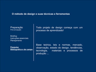O método de design e suas técnicas e ferramentas Preparação Pré-concepção Briefing: Instruções essenciais Planejamento Pesquisa Bibliográfica e de campo Todo projeto de design começa com um processo de aprendizado! Base teórica, leis e normas, mercado, observação, estado do design, tendências, tecnologia,  materiais e processos de produção ... 