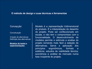 Modelo é a representação tridimensional do produto. É a interpretação do desenho do projeto. Pode ser confeccionado em escala, e não tem o compromisso com a funcionalidade. O desenvolvimento de modelos permite e estimula a analise do projeto tornando mais fácil a seleção de alternativas. Serve a aplicação dos princípios ergonômicos, formais e estéticos, estudos de viabilidade técnica, econômica e análise de mercado numa fase incipiente do projeto. Concepção Conceituação Criação de alternativas Definição das alternativas Modelos de testes e experimentações O método de design e suas técnicas e ferramentas 