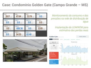 Case: Condomínio Golden Gate (Campo Grande – MS)
Monitoramento do consumo e das
pressões na rede de distribuição de
água
Implantação do LEAKNOW para
estimativa das perdas reais
 