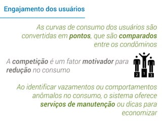 Engajamento dos usuários
As curvas de consumo dos usuários são
convertidas em pontos, que são comparados
entre os condôminos
A competição é um fator motivador para
redução no consumo
Ao identificar vazamentos ou comportamentos
anômalos no consumo, o sistema oferece
serviços de manutenção ou dicas para
economizar
 