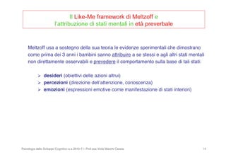 Psicologia dello Sviluppo Cognitivo a.a.2010-11- Prof.ssa Viola Macchi Cassia 14
Meltzoff usa a sostegno della sua teoria le evidenze sperimentali che dimostrano
come prima dei 3 anni i bambini sanno attribuire a se stessi e agli altri stati mentali
non direttamente osservabili e prevedere il comportamento sulla base di tali stati:
 desideri (obiettivi delle azioni altrui)
 percezioni (direzione dellʼattenzione, conoscenza)
 emozioni (espressioni emotive come manifestazione di stati interiori)
Il Like-Me framework di Meltzoff e
l’attribuzione di stati mentali in età preverbale
 