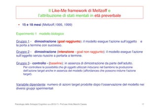 Psicologia dello Sviluppo Cognitivo a.a.2010-11- Prof.ssa Viola Macchi Cassia 17
• 15 e 18 mesi (Meltzoff,1995, 1999)
Esperimento 1 modello biologico
Gruppo 1 - dimostrazione (goal raggiunto): il modello esegue lʼazione sullʼoggetto e
la porta a termine con successo.
Gruppo 2 - dimostrazione (intenzione - goal non raggiunto): il modello esegue lʼazione
sullʼoggetto senza riuscire a portarla a termine.
Gruppo 3 - controllo - (baseline): in assenza di dimostrazione da parte dellʼadulto.
Per controllare la possibilità che gli oggetti utilizzati inducano nel bambino la produzione
dellʼazione target anche in assenza del modello (affordances che possono indurre lʼazione
target).
Variabile dipendente: numero di azioni target prodotte dopo lʼosservazione del modello nei
diversi gruppi sperimentali
Il Like-Me framework di Meltzoff e
l’attribuzione di stati mentali in età preverbale
 