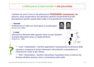 Psicologia dello Sviluppo Cognitivo a.a.2010-11- Prof.ssa Viola Macchi Cassia 20
I bambini nei primi 2 anni di vita attribuiscono PERCEZIONI (conoscenza) alle
persone, ossia comprendono che attraverso speciﬁci comportamenti gli altri
percepiscono speciﬁci aspetti della realtà e ne acquisiscono conoscenza.
• neonati
Preferiscono un volto con direct gaze vs averted gaze
(Farroni et al, 2002)
• 3 mesi
Utilizzano la direzione dello sguardo come cue per spostare
la propria attenzione verso un target periferico
(Hood et al., 1998)
• “ Lean” interpretation: i bambini apprendono lʼassociazione tra direzione dello
sguardo e comparsa di eventi interessanti nellʼambiente; o possiedono un
meccanismo innato di tipo riﬂesso
• “Rich” interpretation: i bambini interpretano il guardare come unʼazione che
fornisce allʼattore accesso visivo e conoscenza sulla realtà
L’attribuzione di stati mentali in età preverbale
 