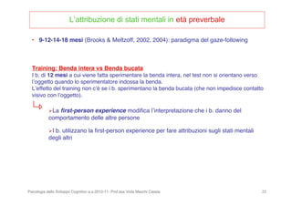 Psicologia dello Sviluppo Cognitivo a.a.2010-11- Prof.ssa Viola Macchi Cassia 25
L’attribuzione di stati mentali in età preverbale
• 9-12-14-18 mesi (Brooks & Meltzoff, 2002, 2004): paradigma del gaze-following
Training: Benda intera vs Benda bucata
I b. di 12 mesi a cui viene fatta sperimentare la benda intera, nel test non si orientano verso
lʼoggetto quando lo sperimentatore indossa la benda.
Lʼeffetto del training non cʼè se i b. sperimentano la benda bucata (che non impedisce contatto
visivo con lʼoggetto).
La ﬁrst-person experience modiﬁca lʼinterpretazione che i b. danno del
comportamento delle altre persone
I b. utilizzano la ﬁrst-person experience per fare attribuzioni sugli stati mentali
degli altri
 