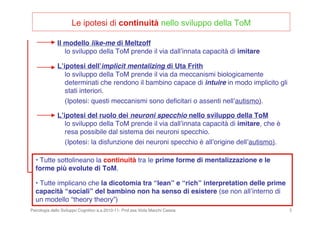 Psicologia dello Sviluppo Cognitivo a.a.2010-11- Prof.ssa Viola Macchi Cassia 5
Le ipotesi di continuità nello sviluppo della ToM
Il modello like-me di Meltzoff
lo sviluppo della ToM prende il via dallʼinnata capacità di imitare
Lʼipotesi dellʼimplicit mentalizing di Uta Frith
lo sviluppo della ToM prende il via da meccanismi biologicamente
determinati che rendono il bambino capace di intuire in modo implicito gli
stati interiori.
(Ipotesi: questi meccanismi sono deﬁcitari o assenti nellʼautismo).
Lʼipotesi del ruolo dei neuroni specchio nello sviluppo della ToM
lo sviluppo della ToM prende il via dallʼinnata capacità di imitare, che è
resa possibile dal sistema dei neuroni specchio.
(Ipotesi: la disfunzione dei neuroni specchio è allʼorigine dellʼautismo).
• Tutte sottolineano la continuità tra le prime forme di mentalizzazione e le
forme più evolute di ToM.
• Tutte implicano che la dicotomia tra “lean” e “rich” interpretation delle prime
capacità “sociali” del bambino non ha senso di esistere (se non allʼinterno di
un modello “theory theory”)
 