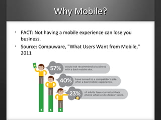 Why Mobile?Why Mobile?
• FACT: Not having a mobile experience can lose you
business.
• Source: Compuware, "What Users Want from Mobile,"
2011
 