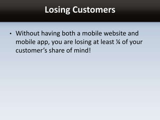 Losing Customers
• Without having both a mobile website and
mobile app, you are losing at least ¼ of your
customer’s share of mind!
 