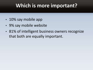 Which is more important?
• 10% say mobile app
• 9% say mobile website
• 81% of intelligent business owners recognize
that both are equally important.
 