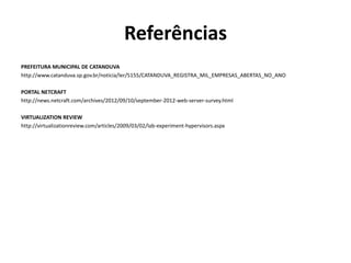 Referências
PREFEITURA MUNICIPAL DE CATANDUVA
http://www.catanduva.sp.gov.br/noticia/ler/5155/CATANDUVA_REGISTRA_MIL_EMPRESAS_ABERTAS_NO_ANO
PORTAL NETCRAFT
http://news.netcraft.com/archives/2012/09/10/september-2012-web-server-survey.html
VIRTUALIZATION REVIEW
http://virtualizationreview.com/articles/2009/03/02/lab-experiment-hypervisors.aspx
 