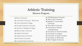 Athletic Training
Masters Program
Barry University
Concordia University - Wisconsin
Culver-Stockton College
Georgia Southern University
Gustavus Aldolphus College
Illinois State University
Indiana University
Indiana State University
Kent State University
Louisiana State University
Old Dominion University
Saint Louis University
Stephen F. Austin State
University
Texas State University
University of Kansas
(undergraduate)
University of North Carolina
University of Oregon
University of South Carolina
University of Wisconsin
West Virginia University
 