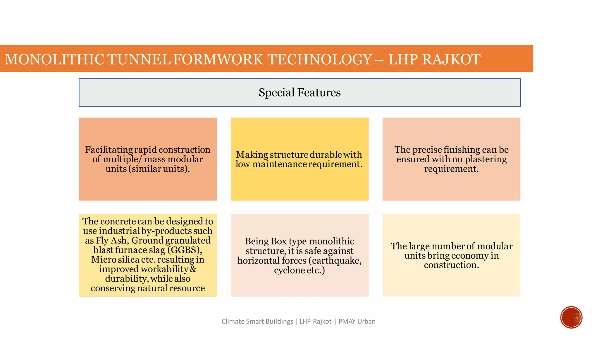 MONOLITHIC TUNNELFORMWORK TECHNOLOGY – LHP RAJKOT
Climate Smart Buildings| LHP Rajkot | PMAY Urban
Facilitating rapid construction
of multiple/ mass modular
units (similarunits).
Making structuredurablewith
low maintenancerequirement.
The precise finishing can be
ensured with no plastering
requirement.
The concretecan be designed to
use industrialby-productssuch
as Fly Ash, Ground granulated
blast furnace slag (GGBS),
Microsilica etc.resulting in
improved workability&
durability,whilealso
conserving naturalresource
Being Box type monolithic
structure,it is safe against
horizontal forces (earthquake,
cyclone etc.)
The large number of modular
units bring economy in
construction.
Special Features
 