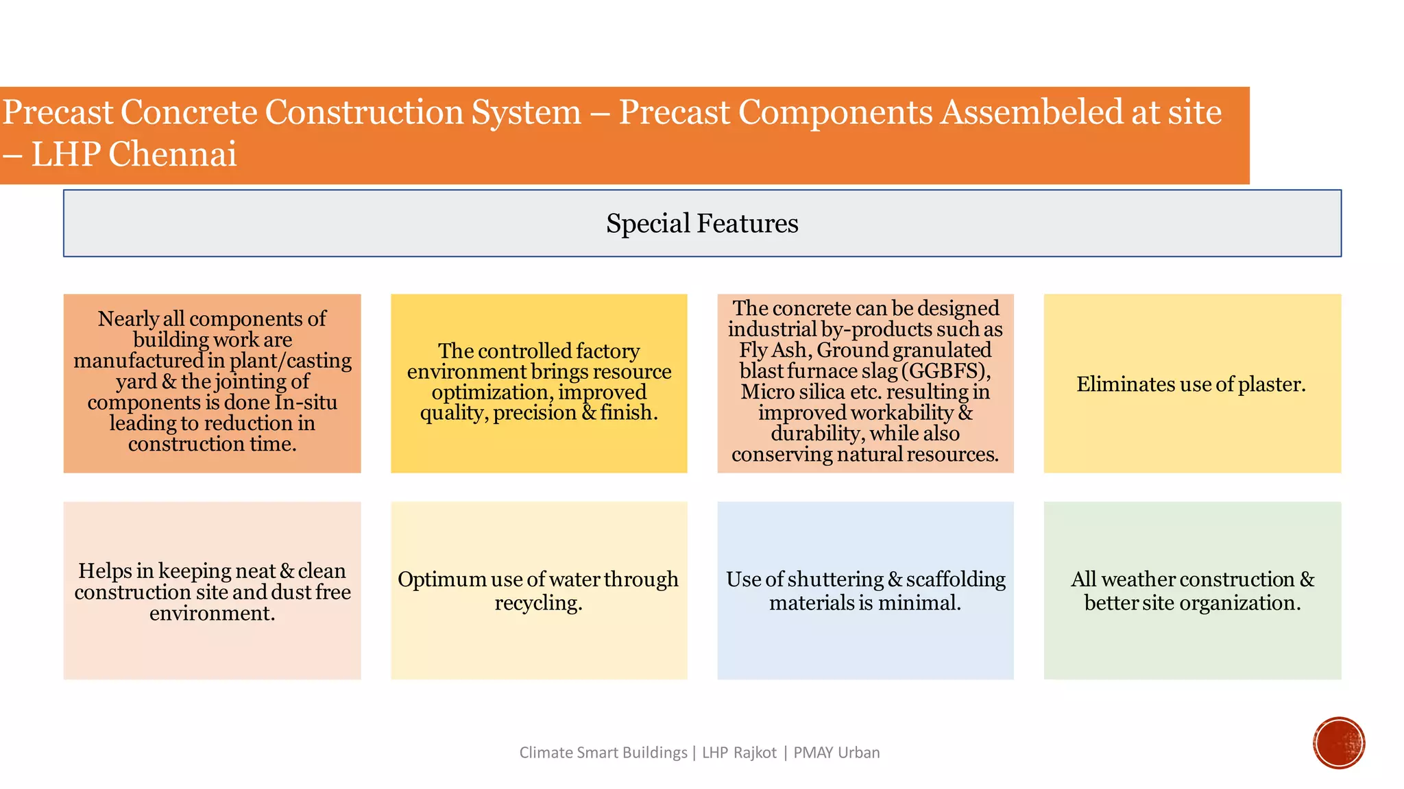 Climate Smart Buildings| LHP Rajkot | PMAY Urban
Nearly all components of
building work are
manufacturedin plant/casting
yard & the jointing of
components is done In-situ
leading to reduction in
construction time.
The controlled factory
environment brings resource
optimization, improved
quality, precision & finish.
The concrete can be designed
industrial by-products suchas
Fly Ash, Groundgranulated
blastfurnace slag(GGBFS),
Micro silica etc. resulting in
improved workability &
durability, while also
conserving naturalresources.
Eliminates use of plaster.
Helps in keeping neat & clean
construction site anddust free
environment.
Optimum use of waterthrough
recycling.
Use of shuttering & scaffolding
materials is minimal.
All weather construction &
bettersite organization.
Special Features
PRECAST CONCRETE CONSTRUCTION SYSTEM – PRECAST COMPONENTS
ASSEMBELED AT SITE – LHP CHENNAI
Precast Concrete Construction System – Precast Components Assembeled at site
– LHP Chennai
 