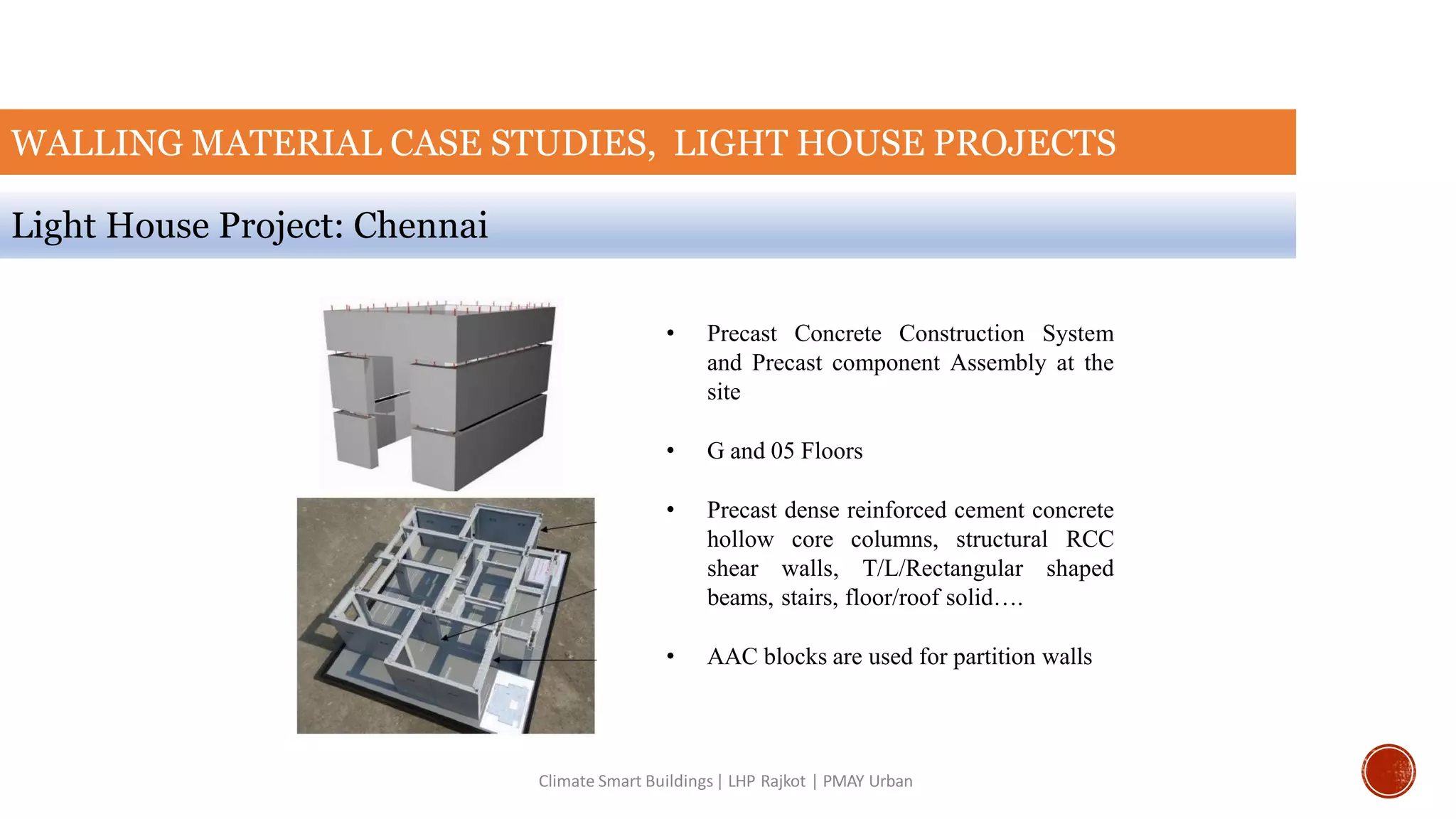 WALLING MATERIAL CASE STUDIES, LIGHT HOUSE PROJECTS
Light House Project: Chennai
Climate Smart Buildings| LHP Rajkot | PMAY Urban
• Precast Concrete Construction System
and Precast component Assembly at the
site
• G and 05 Floors
• Precast dense reinforced cement concrete
hollow core columns, structural RCC
shear walls, T/L/Rectangular shaped
beams, stairs, floor/roof solid….
• AAC blocks are used for partition walls
 