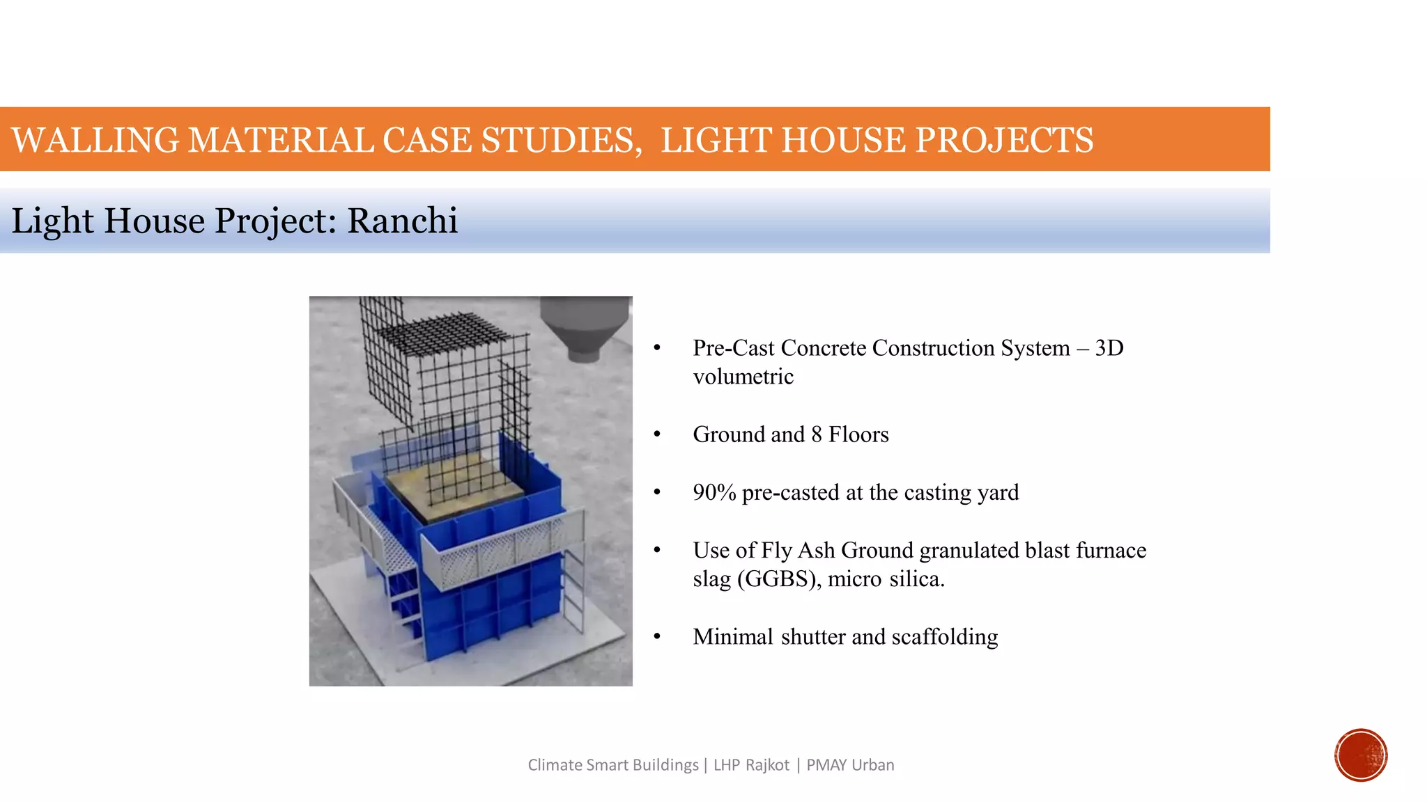 WALLING MATERIAL CASE STUDIES, LIGHT HOUSE PROJECTS
Light House Project: Ranchi
Climate Smart Buildings| LHP Rajkot | PMAY Urban
• Pre-Cast Concrete Construction System – 3D
volumetric
• Ground and 8 Floors
• 90% pre-casted at the casting yard
• Use of Fly Ash Ground granulated blast furnace
slag (GGBS), micro silica.
• Minimal shutter and scaffolding
 
