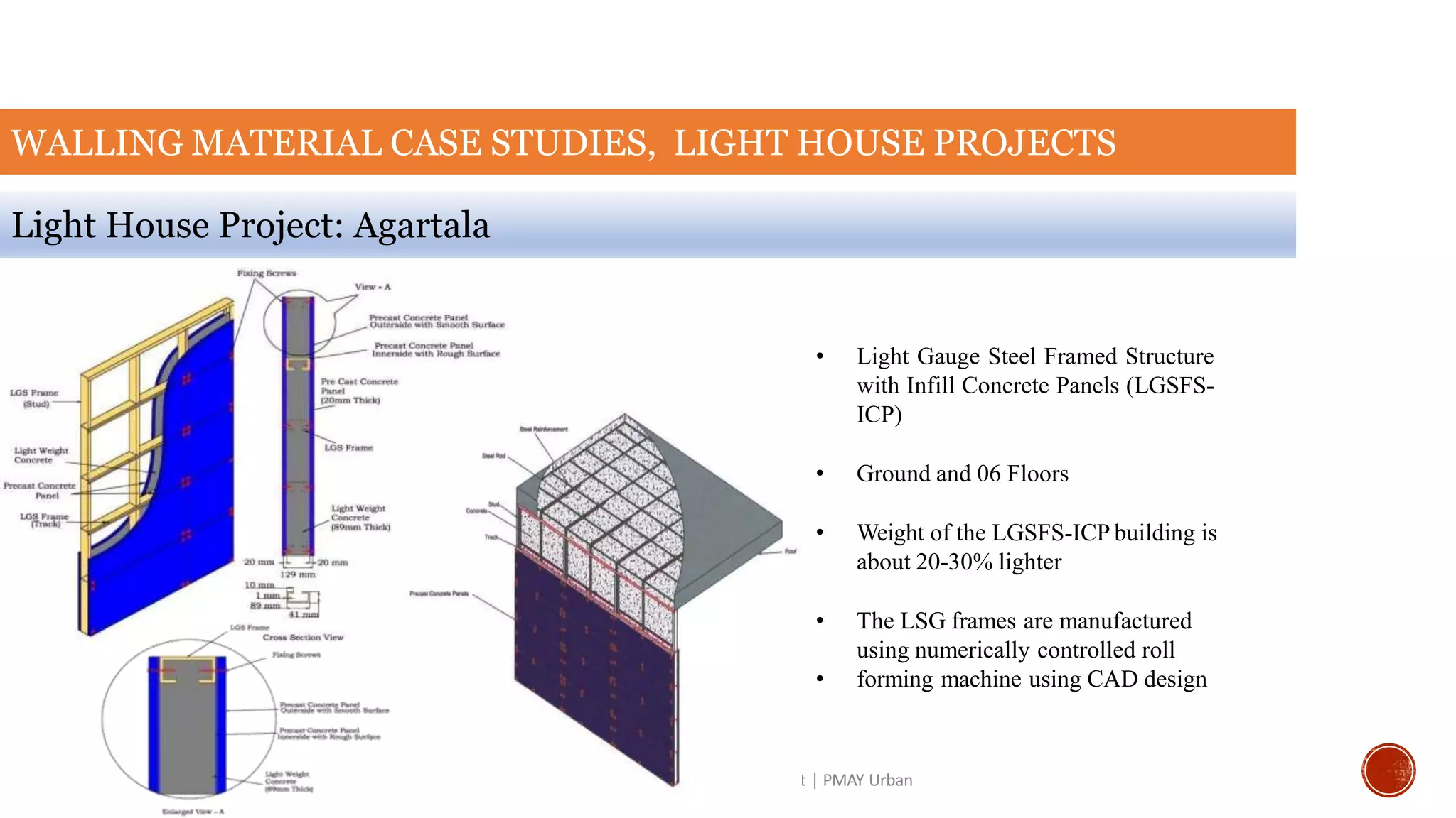 WALLING MATERIAL CASE STUDIES, LIGHT HOUSE PROJECTS
Light House Project: Agartala
Climate Smart Buildings| LHP Rajkot | PMAY Urban
• Light Gauge Steel Framed Structure
with Infill Concrete Panels (LGSFS-
ICP)
• Ground and 06 Floors
• Weight of the LGSFS-ICP building is
about 20-30% lighter
• The LSG frames are manufactured
using numerically controlled roll
• forming machine using CAD design
 