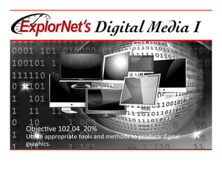 Objec&ve	102.04		20%	
U&lize	appropriate	tools	and	methods	to	produce	digital	
graphics.	
 