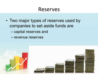Reserves
• Two major types of reserves used by
companies to set aside funds are
– capital reserves and
– revenue reserves
 