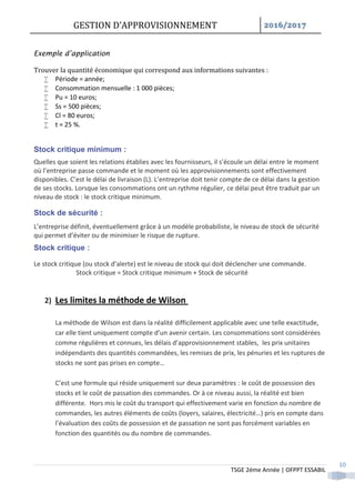 GESTION D’APPROVISIONNEMENT /
TSGE 2éme Année | OFPPT ESSABIL
10
Exemple d’application
Trouver la quantité économique qui correspond aux informations suivantes :
 Période = année;
 Consommation mensuelle : 1 000 pièces;
 Pu = 10 euros;
 Ss = 500 pièces;
 Cl = 80 euros;
 t = 25 %.
Stock critique minimum :
Quelles que soient les relations établies avec les fournisseurs, il s’écoule un délai entre le moment
où l’entreprise passe commande et le moment où les approvisionnements sont effectivement
disponibles. C’est le délai de livraison (L). L’entreprise doit tenir compte de ce délai dans la gestion
de ses stocks. Lorsque les consommations ont un rythme régulier, ce délai peut être traduit par un
niveau de stock : le stock critique minimum.
Stock de sécurité :
L’entreprise définit, éventuellement grâce à un modèle probabiliste, le niveau de stock de sécurité
qui permet d’éviter ou de minimiser le risque de rupture.
Stock critique :
Le stock critique (ou stock d’alerte) est le niveau de stock qui doit déclencher une commande.
Stock critique = Stock critique minimum + Stock de sécurité
2) Les limites la méthode de Wilson
La méthode de Wilson est dans la réalité difficilement applicable avec une telle exactitude,
car elle tient uniquement compte d’un avenir certain. Les consommations sont considérées
comme régulières et connues, les délais d’approvisionnement stables, les prix unitaires
indépendants des quantités commandées, les remises de prix, les pénuries et les ruptures de
stocks ne sont pas prises en compte…
C’est une formule qui réside uniquement sur deux paramètres : le coût de possession des
stocks et le coût de passation des commandes. Or à ce niveau aussi, la réalité est bien
différente. Hors mis le coût du transport qui effectivement varie en fonction du nombre de
commandes, les autres éléments de coûts (loyers, salaires, électricité…) pris en compte dans
l’évaluation des coûts de possession et de passation ne sont pas forcément variables en
fonction des quantités ou du nombre de commandes.
 