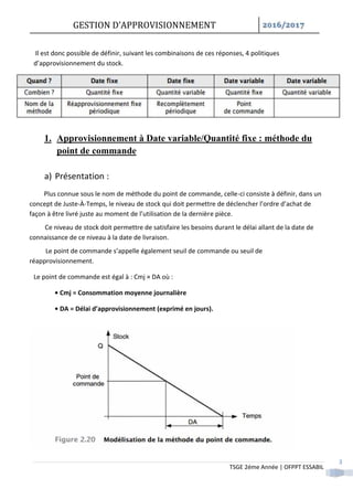 GESTION D’APPROVISIONNEMENT /
TSGE 2éme Année | OFPPT ESSABIL
3
Il est donc possible de définir, suivant les combinaisons de ces réponses, 4 politiques
d’approvisionnement du stock.
1. Approvisionnement à Date variable/Quantité fixe : méthode du
point de commande
a) Présentation :
Plus connue sous le nom de méthode du point de commande, celle-ci consiste à définir, dans un
concept de Juste-À-Temps, le niveau de stock qui doit permettre de déclencher l’ordre d’achat de
façon à être livré juste au moment de l’utilisation de la dernière pièce.
Ce niveau de stock doit permettre de satisfaire les besoins durant le délai allant de la date de
connaissance de ce niveau à la date de livraison.
Le point de commande s’appelle également seuil de commande ou seuil de
réapprovisionnement.
Le point de commande est égal à : Cmj × DA où :
• Cmj = Consommation moyenne journalière
• DA = Délai d’approvisionnement (exprimé en jours).
 