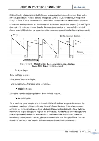GESTION D’APPROVISIONNEMENT /
TSGE 2éme Année | OFPPT ESSABIL
6
Cette méthode, très couramment utilisée pour le réapprovisionnement des rayons des grandes
surfaces, possède une variante dans les entreprises. Dans ce cas, à période fixe, le magasinier
analyse le stock et passe une commande une quantité permettant de d’atteindre le niveau voulu.
La valeur de recomplètement est déterminée soit au moment de l’analyse du stock (cas de la figure
ci-dessus), soit en tenant compte du délai d’approvisionnement de la commande (on ajoute à
chaque quantité l’équivalent de la consommation moyenne pendant le délai d’approvisionnement).
➤ Avantages
Cette méthode permet :
• une gestion des stocks simple;
• une immobilisation financière faible ou maîtrisée.
➤ Inconvénients
• Mais elle n’empêche pas la possibilité d’une rupture de stock.
➤ En conclusion
Cette méthode garde une partie de la simplicité de la méthode de réapprovisionnement fixe
périodique en palliant à l’inconvénient du risque d’inflation du stock. En conséquence nous
privilégierons cette méthode pour des produits dont la demande est régulière (pour éviter au
maximum les risques de rupture) ou pour des produits peu importants (le risque de rupture ne
perturbe pas le fonctionnement de l’entreprise). Par contre, cette méthode est fortement
conseillée pour des produits coûteux, périssables ou encombrants. Il est possible de faire des
périodes d’inventaire, ou d’analyse, différentes suivant les catégories de produits.
 