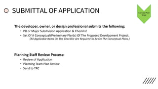SUBMITTAL OF APPLICATION
The developer, owner, or design professional submits the following:
• PD or Major Subdivision App...