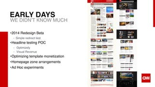 X6
EARLY DAYS
•2014 Redesign Beta
- Simple redirect test
•Headline testing POC
- Optimizely
- Visual Revenue
•Optimizing template monetization
•Homepage zone arrangements
•Ad Hoc experiments
WE DIDN’T KNOW MUCH
 