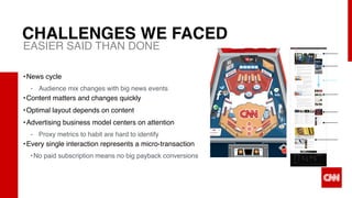 X8
CHALLENGES WE FACED
•News cycle
- Audience mix changes with big news events
•Content matters and changes quickly
•Optimal layout depends on content
•Advertising business model centers on attention
- Proxy metrics to habit are hard to identify
•Every single interaction represents a micro-transaction
•No paid subscription means no big payback conversions
EASIER SAID THAN DONE
 