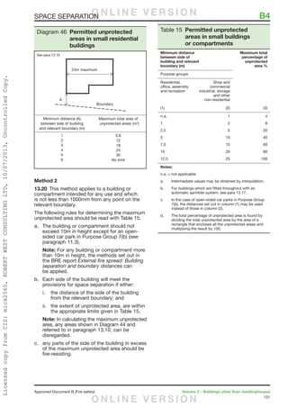 101
Approved Document B (Fire safety)	 Volume 2 – Buildings other than dwellinghouses
Method 2
13.20	 This method applies to a building or
compartment intended for any use and which
is not less than 1000mm from any point on the
relevant boundary.
The following rules for determining the maximum
unprotected area should be read with Table 15.
a.	 The building or compartment should not
exceed 10m in height except for an open-
sided car park in Purpose Group 7(b) (see
paragraph 11.3).
Note: For any building or compartment more
than 10m in height, the methods set out in
the BRE report External fire spread: Building
separation and boundary distances can
be applied.
b.	 Each side of the building will meet the
provisions for space separation if either:
i.	 the distance of the side of the building
from the relevant boundary; and
ii.	 the extent of unprotected area, are within
the appropriate limits given in Table 15.
Note: In calculating the maximum unprotected
area, any areas shown in Diagram 44 and
referred to in paragraph 13.10, can be
disregarded.
c.	 any parts of the side of the building in excess
of the maximum unprotected area should be
fire-resisting.
Table 15 Permitted unprotected
areas in small buildings
or compartments
Minimum distance
between side of
building and relevant
boundary (m)
Maximum total
percentage of
unprotected
area %
Purpose groups
Residential,
office, assembly
and recreation
Shop and
commercial
industrial, storage
and other
non-residential
(1) (2) (3)
n.a.
1
2.5
5
7.5
10
12.5
1
2
5
10
15
20
25
4
8
20
40
60
80
100
Notes:
n.a. = not applicable
a. 	 Intermediate values may be obtained by interpolation.
b. 	For buildings which are fitted throughout with an
automatic sprinkler system, see para 13.17.
c. 	In the case of open-sided car parks in Purpose Group
7(b), the distances set out in column (1) may be used
instead of those in column (2).
d. 	The total percentage of unprotected area is found by
dividing the total unprotected area by the area of a
rectangle that encloses all the unprotected areas and
multiplying the result by 100.
Diagram 46 Permitted unprotected
areas in small residential
buildings
See para 13.19
SPACE SEPARATION	 B4O N L I N E V E R S I O N
O N L I N E V E R S I O N
LicensedcopyfromCIS:mick2560,ROBERTWESTCONSULTINGLTD,10/07/2013,UncontrolledCopy.
 