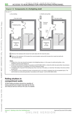 114
Volume 2 – Buildings other than dwellinghouses	 Approved Document B (Fire safety)
Rolling shutters in
compartment walls
17.15	 Rolling shutters should be capable of
being opened and closed manually by the fire
and rescue service without the use of a ladder.
B5	 ACCESS TO BUILDINGS FOR FIREFIGHTING PERSONNEL
Fire main outlet
a. Any building b. Shafts serving flats
Common
corridor
7.5m
max.
Minimum fire resistance 60 minutes from both sides with 30 minute fire doors
Minimum fire resistance 120 minutes from accommodation side and 60 minutes from inside the shaft with
60 minute fire doors
Fire main outlet
Notes:
1. Outlets from a fire main should be located in the firefighting lobby or, in the case of a shaft serving flats, in the
firefighting stairway (see Diagram b).
2. Smoke control should be provided in accordance with BS 5588-5:2004 or, where the shaft only serves flats, the provisions
for smoke control given in paragraph 2.25 may be followed instead.
3. A firefighting lift is required if the building has a floor more than 18m above, or more than 10m below, fire service vehicle
access level.
4. This Diagram is only to illustrate the basic components and is not meant to represent the only acceptable layout. The
shaft should be constructed generally in accordance with clauses 7 and 8 of BS 5588-5:2004.
Diagram 52 Components of a firefighting shaft
See para 17.1
O N L I N E V E R S I O N
O N L I N E V E R S I O N
LicensedcopyfromCIS:mick2560,ROBERTWESTCONSULTINGLTD,10/07/2013,UncontrolledCopy.
 
