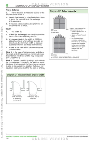 136
Volume 2 – Buildings other than dwellinghouses	 Approved Document B (Fire safety)
Travel distance
3.	 Travel distance is measured by way of the
shortest route which if:
a.	 there is fixed seating or other fixed obstructions,
is along the centre line of the seatways
and gangways;
b.	 it includes a stair, is along the pitch line on
the centre line of travel.
Width
4.	 The width of:
a.	a door (or doorway) is the clear width when
the door is open (see Diagram C1);
b.	an escape route is the width at 1500mm
above floor level when defined by walls or,
elsewhere, the minimum width of passage
available between any fixed obstructions;
c.	a stair is the clear width between the walls
or balustrades.
Note 1: In the case of escape routes and stairs,
handrails and strings which do not intrude more
than 100mm into these widths may be ignored
(see Diagram C1).
Note 2: The rails used for guiding a stair-lift may
be ignored when considering the width of a stair.
However, it is important that the chair or carriage
is able to be parked in a position that does not
cause an obstruction to either the stair or landing.
Diagram C2 Cubic capacity
Effective clear
width (door stop
to projecting
ironmongery)
Effective clear
width (door stop to
door leaf)
Diagram C1 Measurement of door width
B	 METHODS OF MEASUREMENTO N L I N E V E R S I O N
O N L I N E V E R S I O N
LicensedcopyfromCIS:mick2560,ROBERTWESTCONSULTINGLTD,10/07/2013,UncontrolledCopy.
 