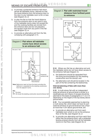 23
Approved Document B (Fire safety)	 Volume 2 – Buildings other than dwellinghouses
MEANS OF ESCAPE FROM FLATS	 B1
a.	 to provide a protected entrance hall which
serves all habitable rooms, planned so that
the travel distance from the entrance door to
the door to any habitable room is 9m or less
(see Diagram 2); or
b.	 to plan the flat so that the travel distance
from the entrance door to any point in any
of the habitable rooms does not exceed 9m
and the cooking facilities are remote from
the entrance door and do not prejudice
the escape route from any point in the flat
(see Diagram 3); or
c.	 to provide an alternative exit from the flat,
complying with paragraph 2.14.
2.14	 Where any flat has an alternative exit and
the habitable rooms do not have direct access to
the entrance hall (see Diagram 4):
a.	 the bedrooms should be separated from
the living accommodation by fire-resisting
construction and fire door(s); and
b.	 the alternative exit should be located in the
part of the flat containing the bedroom(s).
Internal planning of flats with more than
one storey
2.15	 A multi-storey flat with an independent
external entrance at ground level is similar to a
dwellinghouse and means of escape should be
planned on the basis of paragraphs 2.11 or 2.12
depending on the height of the top storey above
ground level.
2.16	 Four acceptable approaches to planning
a multi-storey flat, which does not have its own
external entrance at ground level but has a floor
at more than 4.5m above ground level, are:
a.	 to provide an alternative exit from each
habitable room which is not on the entrance
floor of the flat, (see Diagram 5); or
b.	 to provide one alternative exit from each floor
(other than the entrance floor), with a protected
landing entered directly from all the habitable
rooms on that floor, (see Diagram 6); or
Diagram 2 Flat where all habitable
rooms have direct access
to an entrance hall
See para 2.13(a)
Diagram 3 Flat with restricted travel
distance from furthest point
to entrance
See para 2.13(b)
O N L I N E V E R S I O N
O N L I N E V E R S I O N
LicensedcopyfromCIS:mick2560,ROBERTWESTCONSULTINGLTD,10/07/2013,UncontrolledCopy.
 