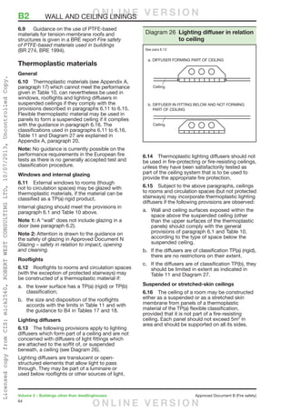 64
Volume 2 – Buildings other than dwellinghouses	 Approved Document B (Fire safety)
6.9	 Guidance on the use of PTFE-based
materials for tension-membrane roofs and
structures is given in a BRE report Fire safety
of PTFE-based materials used in buildings
(BR 274, BRE 1994).
Thermoplastic materials
General
6.10	 Thermoplastic materials (see Appendix A,
paragraph 17) which cannot meet the performance
given in Table 10, can nevertheless be used in
windows, rooflights and lighting diffusers in
suspended ceilings if they comply with the
provisions described in paragraphs 6.11 to 6.15.
Flexible thermoplastic material may be used in
panels to form a suspended ceiling if it complies
with the guidance in paragraph 6.16. The
classifications used in paragraphs 6.11 to 6.16,
Table 11 and Diagram 27 are explained in
Appendix A, paragraph 20.
Note: No guidance is currently possible on the
performance requirements in the European fire
tests as there is no generally accepted test and
classification procedure.
Windows and internal glazing
6.11	 External windows to rooms (though
not to circulation spaces) may be glazed with
thermoplastic materials, if the material can be
classified as a TP(a) rigid product.
Internal glazing should meet the provisions in
paragraph 6.1 and Table 10 above.
Note 1: A “wall” does not include glazing in a
door (see paragraph 6.2).
Note 2: Attention is drawn to the guidance on
the safety of glazing in Approved Document N
Glazing – safety in relation to impact, opening
and cleaning.
Rooflights
6.12	 Rooflights to rooms and circulation spaces
(with the exception of protected stairways) may
be constructed of a thermoplastic material if:
a.	 the lower surface has a TP(a) (rigid) or TP(b)
classification;
b.	 the size and disposition of the rooflights
accords with the limits in Table 11 and with
the guidance to B4 in Tables 17 and 18.
Lighting diffusers
6.13	 The following provisions apply to lighting
diffusers which form part of a ceiling and are not
concerned with diffusers of light fittings which
are attached to the soffit of, or suspended
beneath, a ceiling (see Diagram 26).
Lighting diffusers are translucent or open-
structured elements that allow light to pass
through. They may be part of a luminaire or
used below rooflights or other sources of light.
6.14	 Thermoplastic lighting diffusers should not
be used in fire-protecting or fire-resisting ceilings,
unless they have been satisfactorily tested as
part of the ceiling system that is to be used to
provide the appropriate fire protection.
6.15	 Subject to the above paragraphs, ceilings
to rooms and circulation spaces (but not protected
stairways) may incorporate thermoplastic lighting
diffusers if the following provisions are observed:
a.	 Wall and ceiling surfaces exposed within the
space above the suspended ceiling (other
than the upper surfaces of the thermoplastic
panels) should comply with the general
provisions of paragraph 6.1 and Table 10,
according to the type of space below the
suspended ceiling.
b.	 If the diffusers are of classification TP(a) (rigid),
there are no restrictions on their extent.
c.	 If the diffusers are of classification TP(b), they
should be limited in extent as indicated in
Table 11 and Diagram 27.
Suspended or stretched-skin ceilings
6.16	 The ceiling of a room may be constructed
either as a suspended or as a stretched skin
membrane from panels of a thermoplastic
material of the TP(a) flexible classification,
provided that it is not part of a fire-resisting
ceiling. Each panel should not exceed 5m2
in
area and should be supported on all its sides.
Diagram 26 Lighting diffuser in relation
to ceiling
See para 6.13
B2	 WALL AND CEILING LININGSO N L I N E V E R S I O N
O N L I N E V E R S I O N
LicensedcopyfromCIS:mick2560,ROBERTWESTCONSULTINGLTD,10/07/2013,UncontrolledCopy.
 