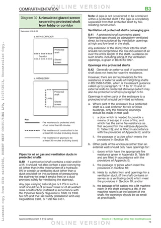 79
Approved Document B (Fire safety)	 Volume 2 – Buildings other than dwellinghouses
Pipes for oil or gas and ventilation ducts in
protected shafts
8.40	 If a protected shaft contains a stair and/or
a lift, it should not also contain a pipe conveying
oil (other than in the mechanism of a hydraulic
lift) or contain a ventilating duct (other than a
duct provided for the purposes of pressurizing
the stairway to keep it smoke free; or a duct
provided solely for ventilating the stairway).
Any pipe carrying natural gas or LPG in such a
shaft should be of screwed steel or of all welded
steel construction, installed in accordance with
the Pipelines Safety Regulations 1996, SI 1996
No 825 and the Gas Safety (Installation and use)
Regulations 1998, SI 1998 No 2451.
Note: A pipe is not considered to be contained
within a protected shaft if the pipe is completely
separated from that protected shaft by fire-
resisting construction.
Ventilation of protected shafts conveying gas
8.41	 A protected shaft conveying piped
flammable gas should be adequately ventilated
direct to the outside air by ventilation openings
at high and low level in the shaft.
Any extension of the storey floor into the shaft
should not compromise the free movement of air
over the entire length of the shaft. Guidance on
such shafts, including sizing of the ventilation
openings, is given in BS 8313:1997.
Openings into protected shafts
8.42	 Generally an external wall of a protected
shaft does not need to have fire resistance.
However, there are some provisions for fire
resistance of external walls of firefighting shafts
in BS 5588-5:2004, which is the relevant guidance
called up by paragraph 17.11 to 17.13 and of
external walls to protected stairways (which may
also be protected shafts) in paragraph 5.24.
Openings in other parts of the enclosure to a
protected shaft should be limited as follows:
a.	 Where part of the enclosure to a protected
shaft is a wall common to two or more
buildings, only the following openings
should be made in that wall:
i.	 a door which is needed to provide a
means of escape in case of fire; and
which has the same fire resistance as
that required for the wall (see Appendix
B, Table B1); and is fitted in accordance
with the provisions of Appendix B; and/or
ii.	 the passage of a pipe which meets the
provisions in Section 10.
b.	 Other parts of the enclosure (other than an
external wall) should only have openings for:
i.	 doors which have the appropriate fire
resistance given in Appendix B, Table B1
and are fitted in accordance with the
provisions of Appendix B;
ii.	 the passage of pipes which meet the
provisions in Section 10;
iii.	 inlets to, outlets from and openings for a
ventilation duct, (if the shaft contains or
serves as a ventilating duct) which meet
the provisions in Section 10; and/or
iv.	 the passage of lift cables into a lift machine
room (if the shaft contains a lift). If the
machine room is at the bottom of the
shaft, the openings should be as small
as practicable.
Diagram 32 Uninsulated glazed screen
separating protected shaft
from lobby or corridor
See paras 8.38–8.39
COMPARTMENTATION	 B3O N L I N E V E R S I O N
O N L I N E V E R S I O N
LicensedcopyfromCIS:mick2560,ROBERTWESTCONSULTINGLTD,10/07/2013,UncontrolledCopy.
 