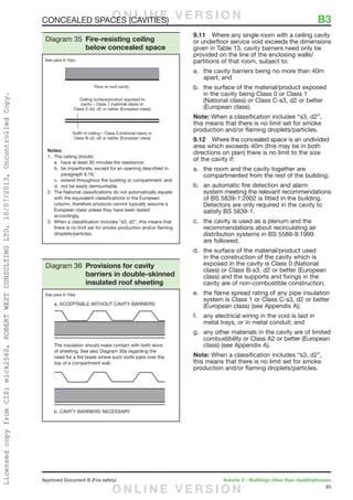 83
Approved Document B (Fire safety)	 Volume 2 – Buildings other than dwellinghouses
9.11	 Where any single room with a ceiling cavity
or underfloor service void exceeds the dimensions
given in Table 13, cavity barriers need only be
provided on the line of the enclosing walls/
partitions of that room, subject to:
a.	 the cavity barriers being no more than 40m
apart; and
b.	 the surface of the material/product exposed
in the cavity being Class 0 or Class 1
(National class) or Class C-s3, d2 or better
(European class).
Note: When a classification includes “s3, d2”,
this means that there is no limit set for smoke
production and/or flaming droplets/particles.
9.12	 Where the concealed space is an undivided
area which exceeds 40m (this may be in both
directions on plan) there is no limit to the size
of the cavity if:
a.	 the room and the cavity together are
compartmented from the rest of the building;
b.	 an automatic fire detection and alarm
system meeting the relevant recommendations
of BS 5839-1:2002 is fitted in the building.
Detectors are only required in the cavity to
satisfy BS 5839-1.
c.	 the cavity is used as a plenum and the
recommendations about recirculating air
distribution systems in BS 5588-9:1999
are followed;
d.	 the surface of the material/product used
in the construction of the cavity which is
exposed in the cavity is Class 0 (National
class) or Class B-s3, d2 or better (European
class) and the supports and fixings in the
cavity are of non-combustible construction;
e.	 the flame spread rating of any pipe insulation
system is Class 1 or Class C-s3, d2 or better
(European class) (see Appendix A);
f.	 any electrical wiring in the void is laid in
metal trays, or in metal conduit; and
g.	 any other materials in the cavity are of limited
combustibility or Class A2 or better (European
class) (see Appendix A).
Note: When a classification includes “s3, d2”,
this means that there is no limit set for smoke
production and/or flaming droplets/particles.
Notes:
1. The ceiling should:
a. have at least 30 minutes fire resistance;
b. be imperforate, except for an opening described in
paragraph 9.16;
c. extend throughout the building or compartment; and
d. not be easily demountable.
2. The National classifications do not automatically equate
with the equivalent classifications in the European
column, therefore products cannot typically assume a
European class unless they have been tested
accordingly.
3. When a classification includes “s3, d2”, this means that
there is no limit set for smoke production and/or flaming
droplets/particles.
Diagram 35 Fire-resisting ceiling
below concealed space
See para 9.10(c)
The insulation should make contact with both skins
of sheeting. See also Diagram 30a regarding the
need for a fire break where such roofs pass over the
top of a compartment wall.
Diagram 36 Provisions for cavity
barriers in double-skinned
insulated roof sheeting
See para 9.10(e)
CONCEALED SPACES (CAVITIES)	 B3O N L I N E V E R S I O N
O N L I N E V E R S I O N
LicensedcopyfromCIS:mick2560,ROBERTWESTCONSULTINGLTD,10/07/2013,UncontrolledCopy.
 