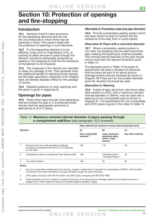 85
Approved Document B (Fire safety)	 Volume 2 – Buildings other than dwellinghouses
Introduction
10.1	 Sections 8 and 9 make provisions
for fire-separating elements and set out
the circumstances in which there may be
openings in them. This section deals with
the protection of openings in such elements.
10.2	 If a fire-separating element is to be
effective, every joint or imperfection of fit, or
opening to allow services to pass through the
element, should be adequately protected by
sealing or fire-stopping so that the fire resistance
of the element is not impaired.
10.3	 The measures in this Section are intended
to delay the passage of fire. They generally have
the additional benefit of retarding smoke spread,
but the tests specified in Appendix A for integrity
does not directly stipulate criteria for the passage
of smoke.
10.4	 Detailed guidance on door openings and
fire doors is given in Appendix B.
Openings for pipes
10.5	 Pipes which pass through a fire-separating
element (unless the pipe is in a protected shaft),
should meet the appropriate provisions in
alternatives A, B or C below.
Alternative A: Proprietary seals (any pipe diameter)
10.6	 Provide a proprietary sealing system which
has been shown by test to maintain the fire
resistance of the wall, floor or cavity barrier.
Alternative B: Pipes with a restricted diameter
10.7	 Where a proprietary sealing system is
not used, fire-stopping may be used around the
pipe, keeping the opening as small as possible.
The nominal internal diameter of the pipe should
not be more than the relevant dimension given
in Table 14.
The diameters given in Table 14 for pipes of
specification (b) used in situation (2) assumes
that the pipes are part of an above ground
drainage system and are enclosed as shown in
Diagram 38 if they are not, the smaller diameter
given for situation (3) should be used.
Alternative C: Sleeving
10.8	 A pipe of lead, aluminium, aluminium alloy,
fibre-cement or uPVC, with a maximum nominal
internal diameter of 160mm, may be used with a
sleeving of non-combustible pipe as shown in
Diagram 37. The specification for non-combustible
and uPVC pipes is given in the notes to Table 14.
Section 10: Protection of openings
and fire-stopping
Table 14 Maximum nominal internal diameter of pipes passing through
a compartment wall/floor (see paragraph 10.5 onwards)
Pipe material and maximum nominal internal diameter (mm)
Situation (a)
Non-combustible
material (1)
(b)
Lead, aluminium,
aluminium alloy,
uPVC (2)
, fibre
cement
(c)
Any other material
1.	Structure (but not a wall separating buildings)
enclosing a protected shaft which is not a stairway
or a lift shaft
160 110 40
2.	Compartment wall or compartment floor between flats 160 160 (stack pipe) (3)
110 (branch pipe) (3)
40
3.	 Any other situation 160 40 40
Notes:
1.	Any non-combustible material (such as cast iron, copper or steel) which, if exposed to a temperature of 800ºC, will not soften
or fracture to the extent that flame or hot gas will pass through the wall of the pipe.
2. 	 uPVC pipes complying with BS 4514:2001 and uPVC pipes complying with BS 5255:1989.
3. 	These diameters are only in relation to pipes forming part of an above-ground drainage system and enclosed as shown in
Diagram 38. In other cases the maximum diameters against situation 3 apply.
	 B3O N L I N E V E R S I O N
O N L I N E V E R S I O N
LicensedcopyfromCIS:mick2560,ROBERTWESTCONSULTINGLTD,10/07/2013,UncontrolledCopy.
 