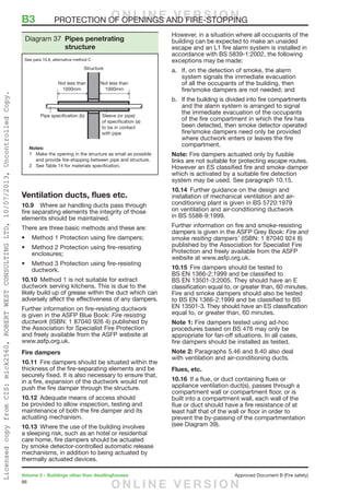 86
Volume 2 – Buildings other than dwellinghouses	 Approved Document B (Fire safety)
Ventilation ducts, flues etc.
10.9	 Where air handling ducts pass through
fire separating elements the integrity of those
elements should be maintained.
There are three basic methods and these are:
•	 Method 1 Protection using fire dampers;
•	 Method 2 Protection using fire-resisting
enclosures;
•	 Method 3 Protection using fire-resisting
ductwork.
10.10	 Method 1 is not suitable for extract
ductwork serving kitchens. This is due to the
likely build up of grease within the duct which can
adversely affect the effectiveness of any dampers.
Further information on fire-resisting ductwork
is given in the ASFP Blue Book: Fire resistng
ductwork (ISBN: 1 87040 926 4) published by
the Association for Specialist Fire Protection
and freely available from the ASFP website at
www.asfp.org.uk.
Fire dampers
10.11	 Fire dampers should be situated within the
thickness of the fire-separating elements and be
securely fixed. It is also necessary to ensure that,
in a fire, expansion of the ductwork would not
push the fire damper through the structure.
10.12	 Adequate means of access should
be provided to allow inspection, testing and
maintenance of both the fire damper and its
actuating mechanism.
10.13	 Where the use of the building involves
a sleeping risk, such as an hotel or residential
care home, fire dampers should be actuated
by smoke detector-controlled automatic release
mechanisms, in addition to being actuated by
thermally actuated devices.
However, in a situation where all occupants of the
building can be expected to make an unaided
escape and an L1 fire alarm system is installed in
accordance with BS 5839-1:2002, the following
exceptions may be made:
a.	 If, on the detection of smoke, the alarm
system signals the immediate evacuation
of all the occupants of the building, then
fire/smoke dampers are not needed; and
b.	 If the building is divided into fire compartments
and the alarm system is arranged to signal
the immediate evacuation of the occupants
of the fire compartment in which the fire has
been detected, then smoke detector operated
fire/smoke dampers need only be provided
where ductwork enters or leaves the fire
compartment.
Note: Fire dampers actuated only by fusible
links are not suitable for protecting escape routes.
However an ES classified fire and smoke damper
which is activated by a suitable fire detection
system may be used. See paragraph 10.15.
10.14	 Further guidance on the design and
installation of mechanical ventilation and air-
conditioning plant is given in BS 5720:1979
on ventilation and air-conditioning ductwork
in BS 5588-9:1999.
Further information on fire and smoke-resisting
dampers is given in the ASFP Grey Book: Fire and
smoke resiting dampers’ (ISBN: 1 87040 924 8)
published by the Association for Specialist Fire
Protection and freely available from the ASFP
website at www.asfp.org.uk.
10.15	 Fire dampers should be tested to
BS EN 1366-2:1999 and be classified to
BS EN 13501-3:2005. They should have an E
classification equal to, or greater than, 60 minutes.
Fire and smoke dampers should also be tested
to BS EN 1366-2:1999 and be classified to BS
EN 13501-3. They should have an ES classification
equal to, or greater than, 60 minutes.
Note 1: Fire dampers tested using ad-hoc
procedures based on BS 476 may only be
appropriate for fan-off situations. In all cases,
fire dampers should be installed as tested.
Note 2: Paragraphs 5.46 and 8.40 also deal
with ventilation and air-conditioning ducts.
Flues, etc.
10.16	 If a flue, or duct containing flues or
appliance ventilation duct(s), passes through a
compartment wall or compartment floor, or is
built into a compartment wall, each wall of the
flue or duct should have a fire resistance of at
least half that of the wall or floor in order to
prevent the by-passing of the compartmentation
(see Diagram 39).
Diagram 37 Pipes penetrating
structure
See para 10.8, alternative method C
B3	 PROTECTION OF OPENINGS AND FIRE-STOPPINGO N L I N E V E R S I O N
O N L I N E V E R S I O N
LicensedcopyfromCIS:mick2560,ROBERTWESTCONSULTINGLTD,10/07/2013,UncontrolledCopy.
 