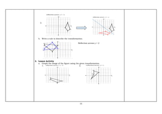 11
3.
b. Write a rule to describe the transformation.
Reflection across y = 2
3. Lesson Activity
a. Graph the image of the figure using the given transformation.
1. 2.
 